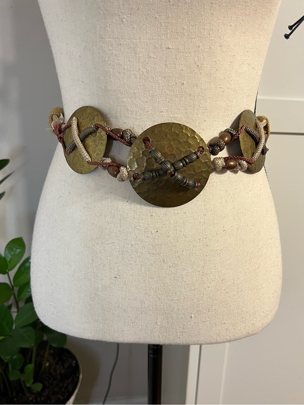 Vintage Hammered Metal Disc Waist Belt with Braided Beading - Olive Bronze